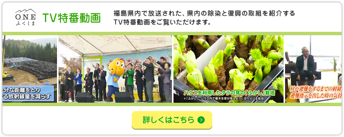 「ONEふくしま　TV特番動画　福島県内で放送された、県内の除染と復興の取組を紹介するTV特番動画をご覧いただけます。」